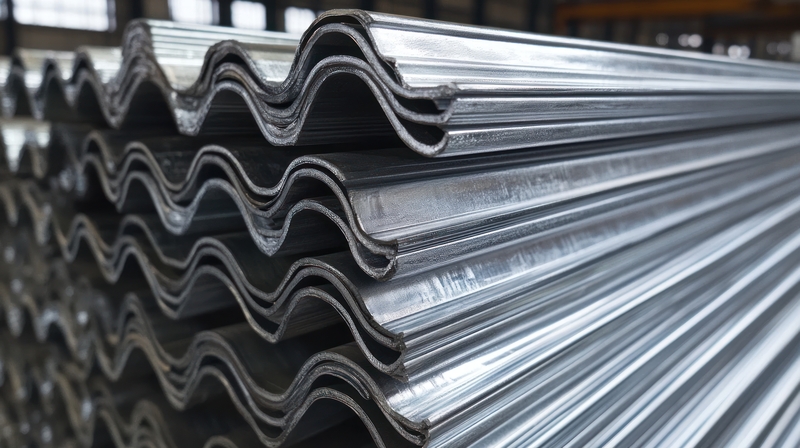 Stack of corrugated metal sheets in a warehouse. Close-up view of neatly stacked corrugated metal sheets. Industrial setting
